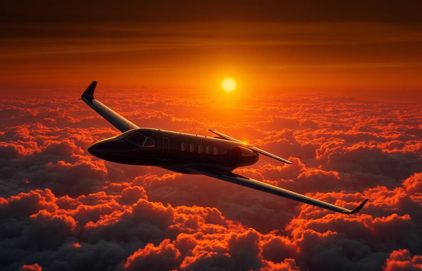 Private jet cruising above the clouds