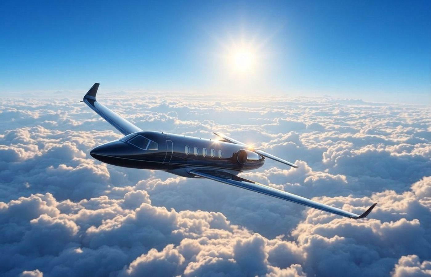 Private jet cruising above the clouds